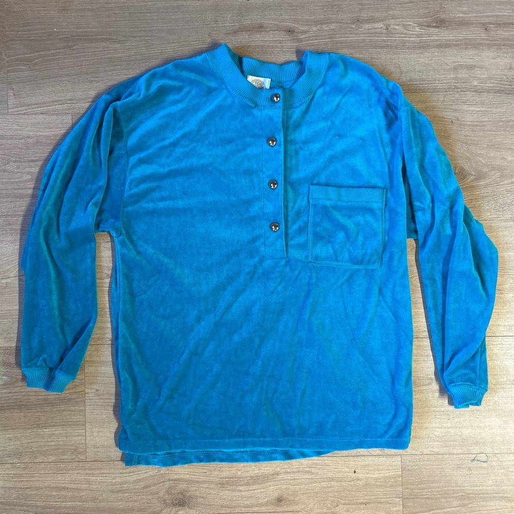 Vintage Victoria Sport Velour Henley Top Blue Long Sleeve Button Pullover Medium